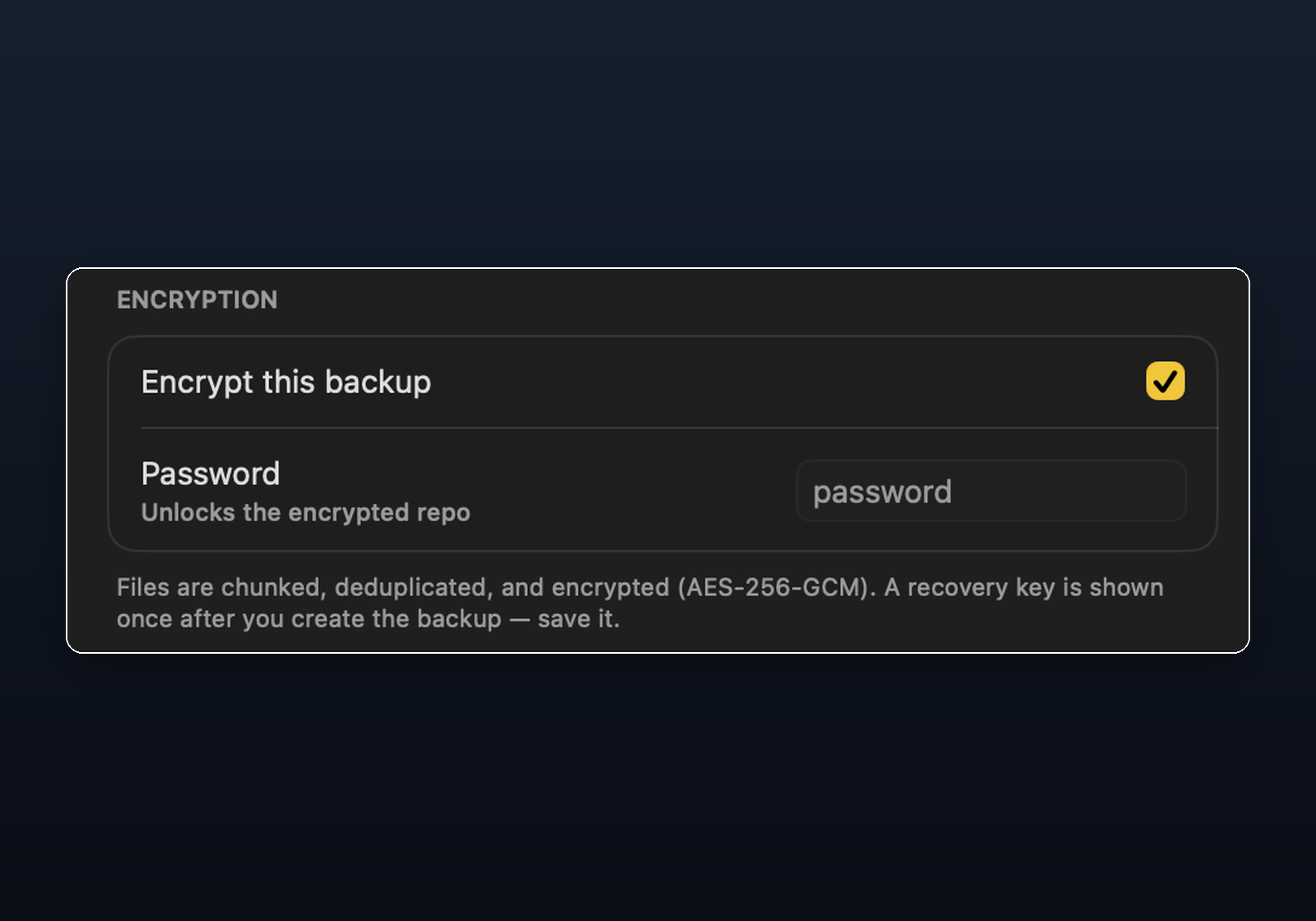 Turning on end-to-end encryption for a backup — AES-256-GCM with a one-time recovery key