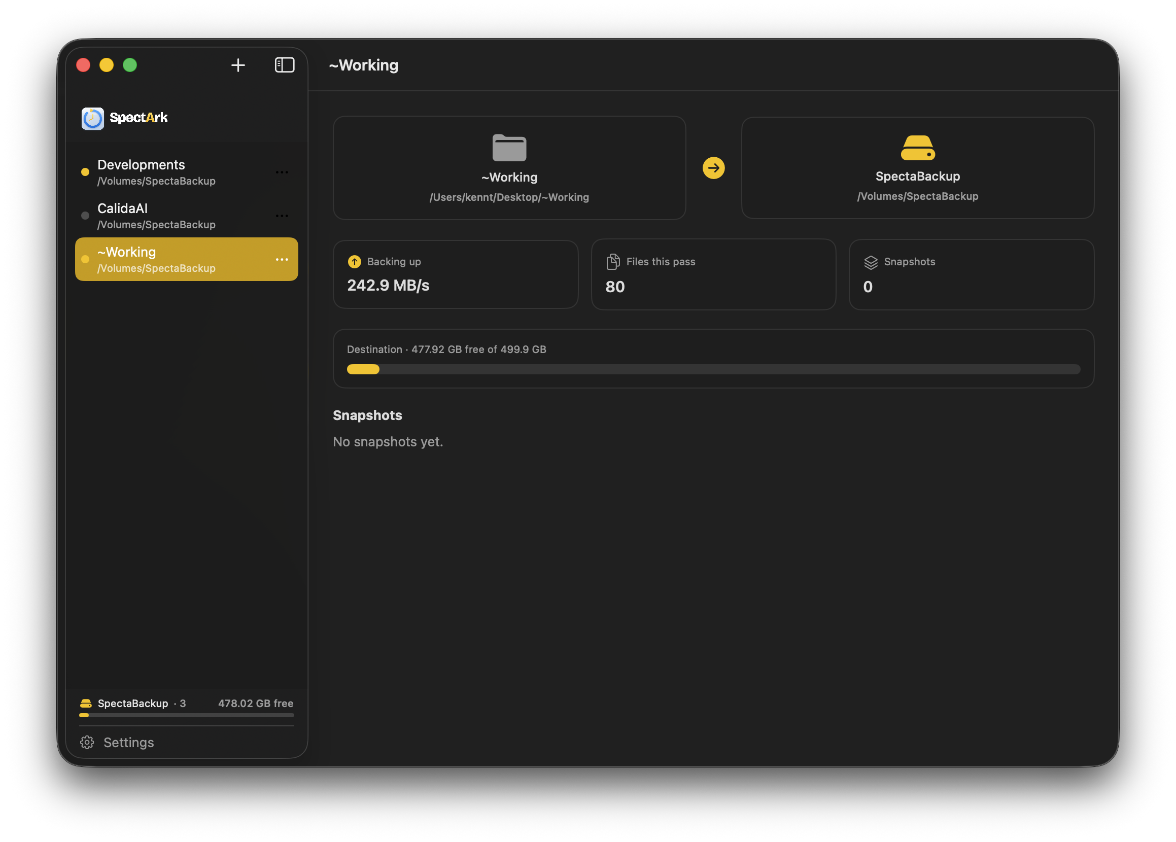SpectArk on Mac — a realtime backup job showing live throughput, files this pass, and destination free space