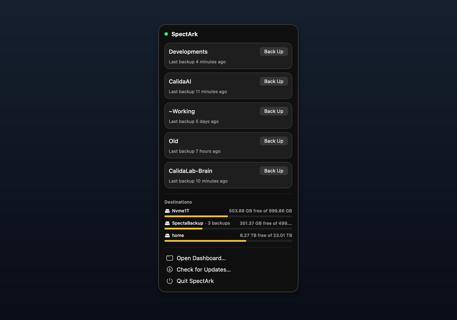 SpectArk's menu-bar dropdown — every backup with its last-run time and each destination's free space, always watching